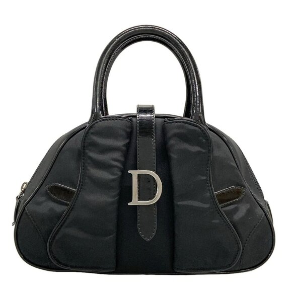 Auth DIOR/ChristianDior Double Saddle Black Nylon Patent Leather Handbag - Picture 1 of 16